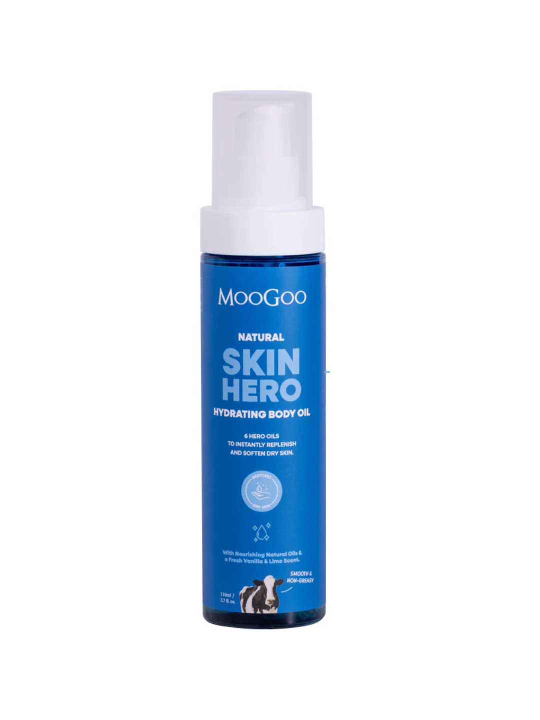 Blue bottle of Moogoo Skin Hero Hydrating Body Oil on a white background