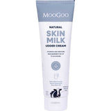 A tube of MooGoo Skin Milk Udder Cream, a sensitive skin moisturiser with blue and white packaging, hydrating and restoring benefits listed on the label, and a cow illustration near the base.
