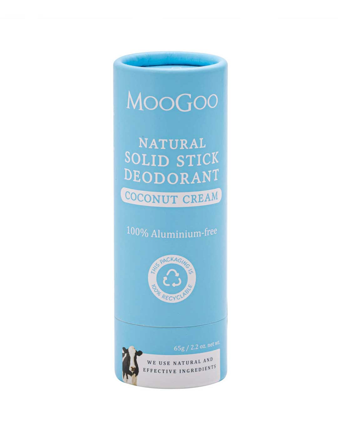 Blue cylindrical container of MooGoo natural solid stick deodorant on a white background