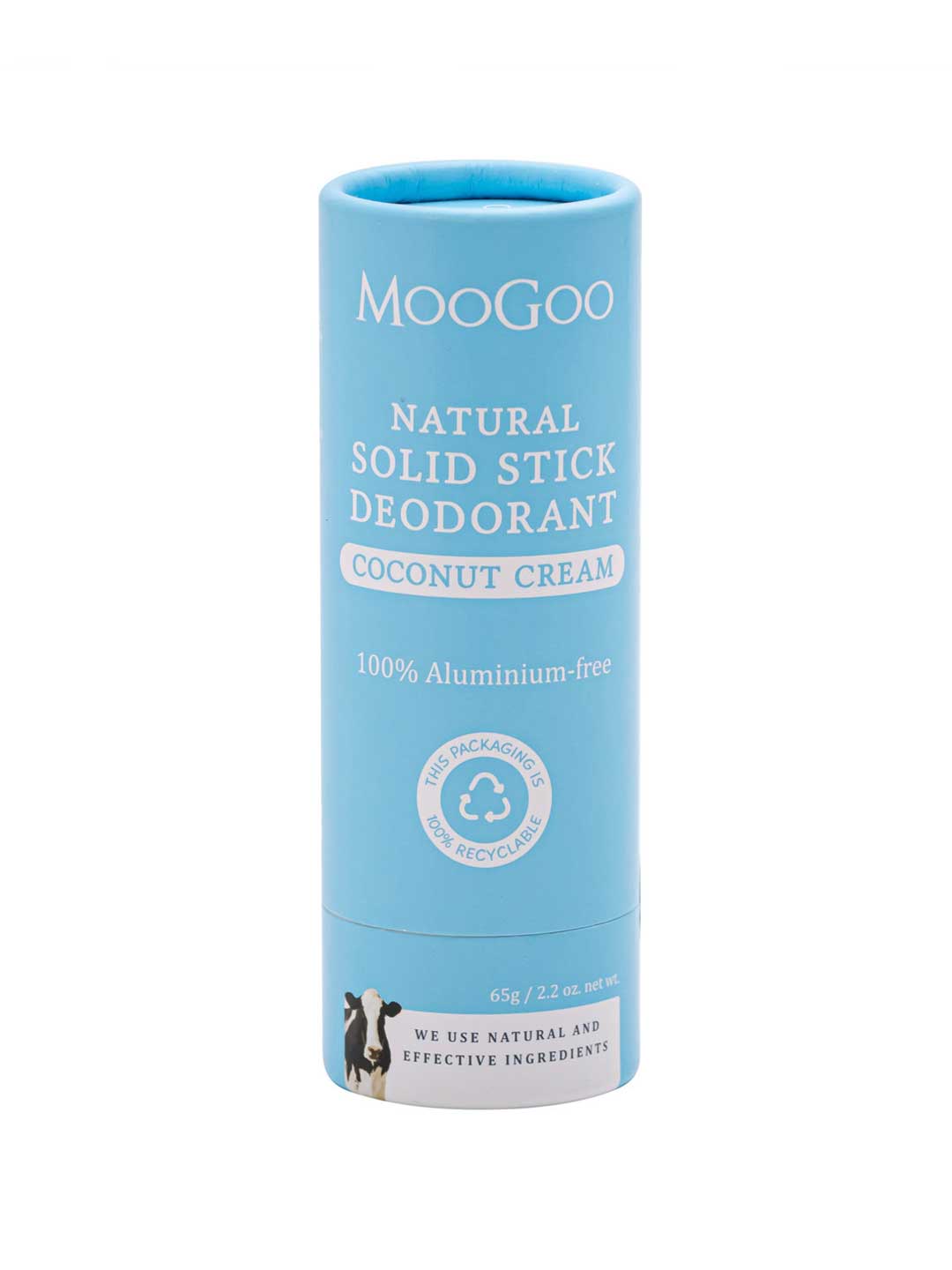 Blue cylindrical container of MooGoo natural solid stick deodorant on a white background