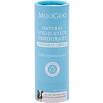 Blue cylindrical container of MooGoo natural solid stick deodorant on a white background