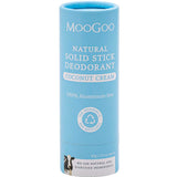 Blue cylindrical container of MooGoo natural solid stick deodorant on a white background