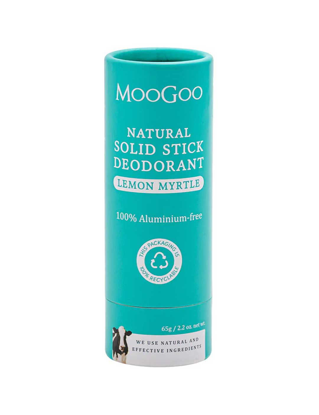 MooGoo natural solid stick deodorant in lemon myrtle flavor on a white background