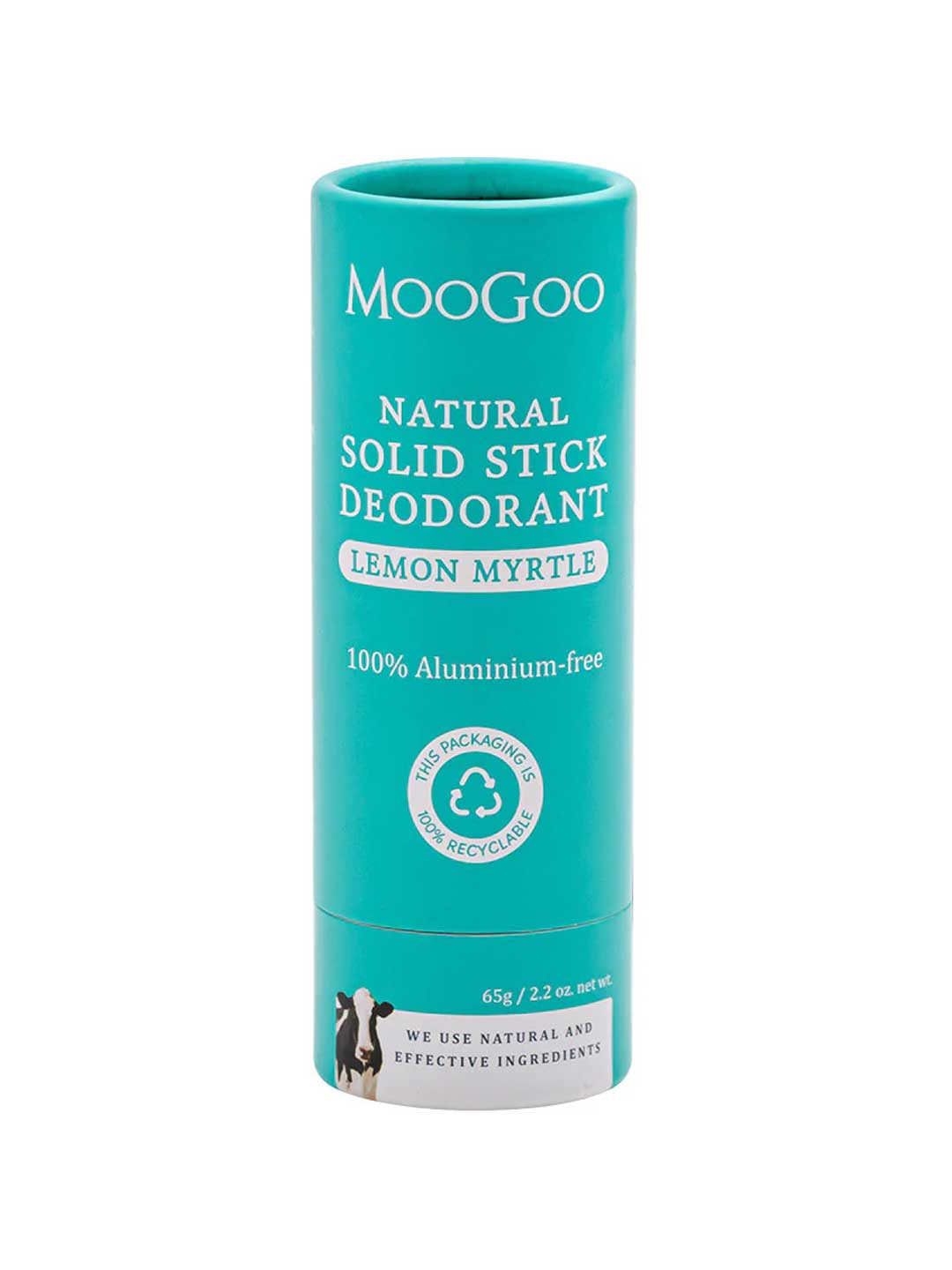 MooGoo natural solid stick deodorant in lemon myrtle flavor on a white background