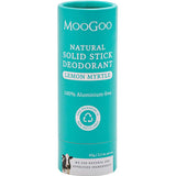 MooGoo natural solid stick deodorant in lemon myrtle flavor on a white background