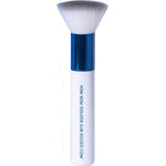 The MooGoo Tanning Blending Brush features a white handle with "HOLY MOLY GOLDEN SUN-KISSED GLOW" in blue, a blue metallic ferrule, and soft white bristles for streak-free self-tanner application.