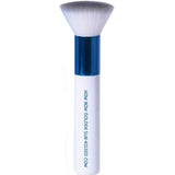 The MooGoo Tanning Blending Brush features a white handle with "HOLY MOLY GOLDEN SUN-KISSED GLOW" in blue, a blue metallic ferrule, and soft white bristles for streak-free self-tanner application.