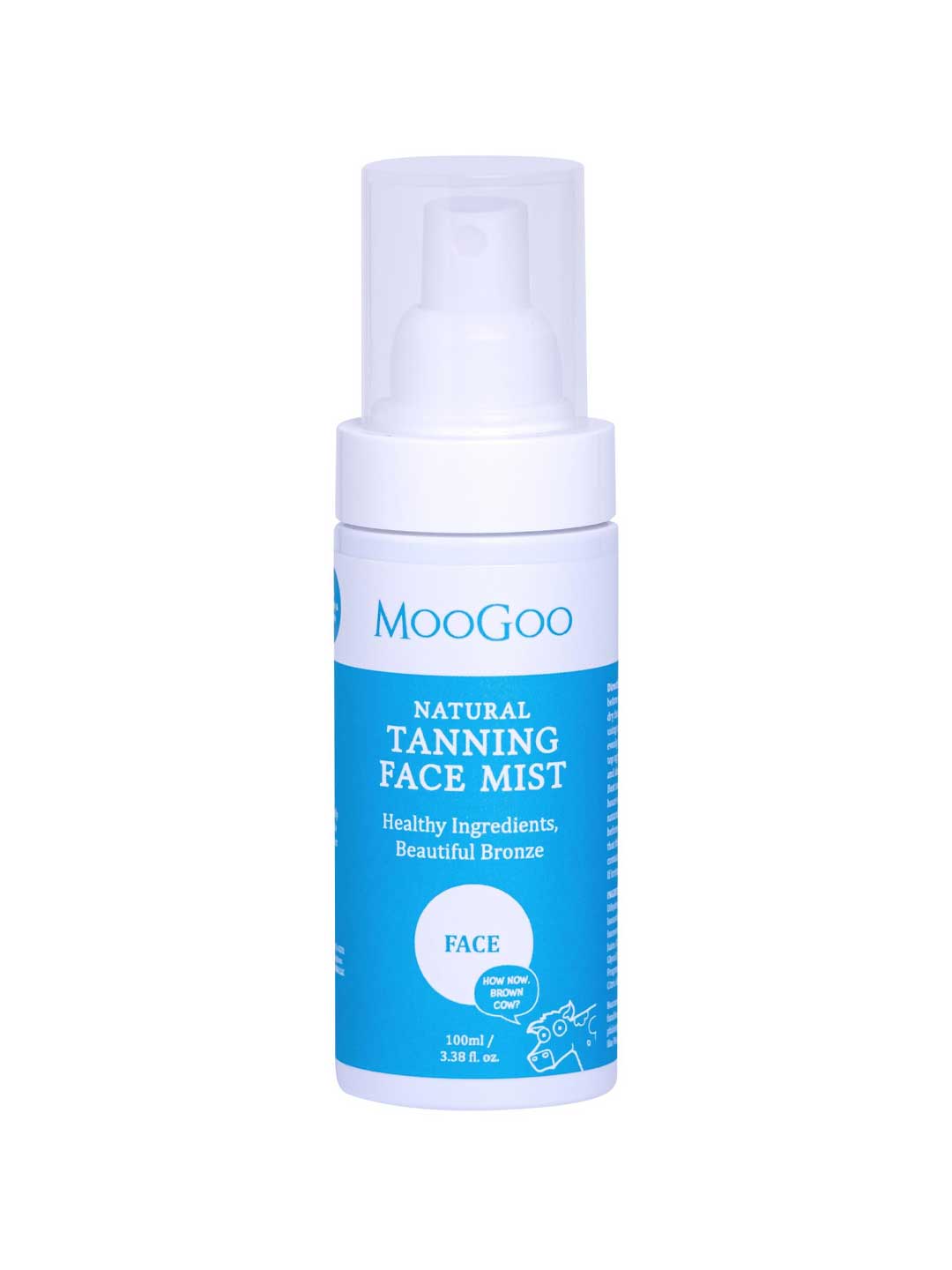 MooGoo Tanning Face Mist 100ml comes in a pump bottle with a blue and white label, featuring non-comedogenic, natural tanning agents for healthy skin and a beautiful bronze glow.