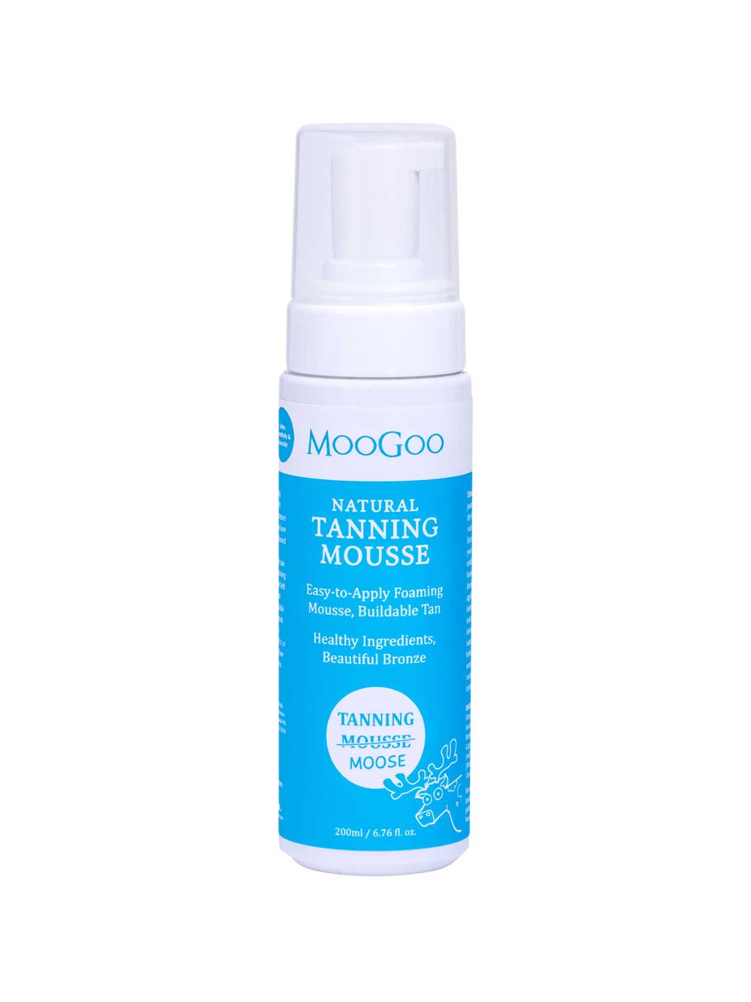 MooGoo Tanning Mousse 100ml comes in a blue and white bottle with a pump dispenser, perfect for sensitive skin. This gentle mousse delivers a natural-looking fake tan, with details displayed in white text on the label.