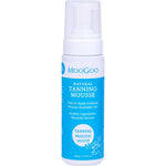 MooGoo Tanning Mousse 100ml comes in a blue and white bottle with a pump dispenser, perfect for sensitive skin. This gentle mousse delivers a natural-looking fake tan, with details displayed in white text on the label.