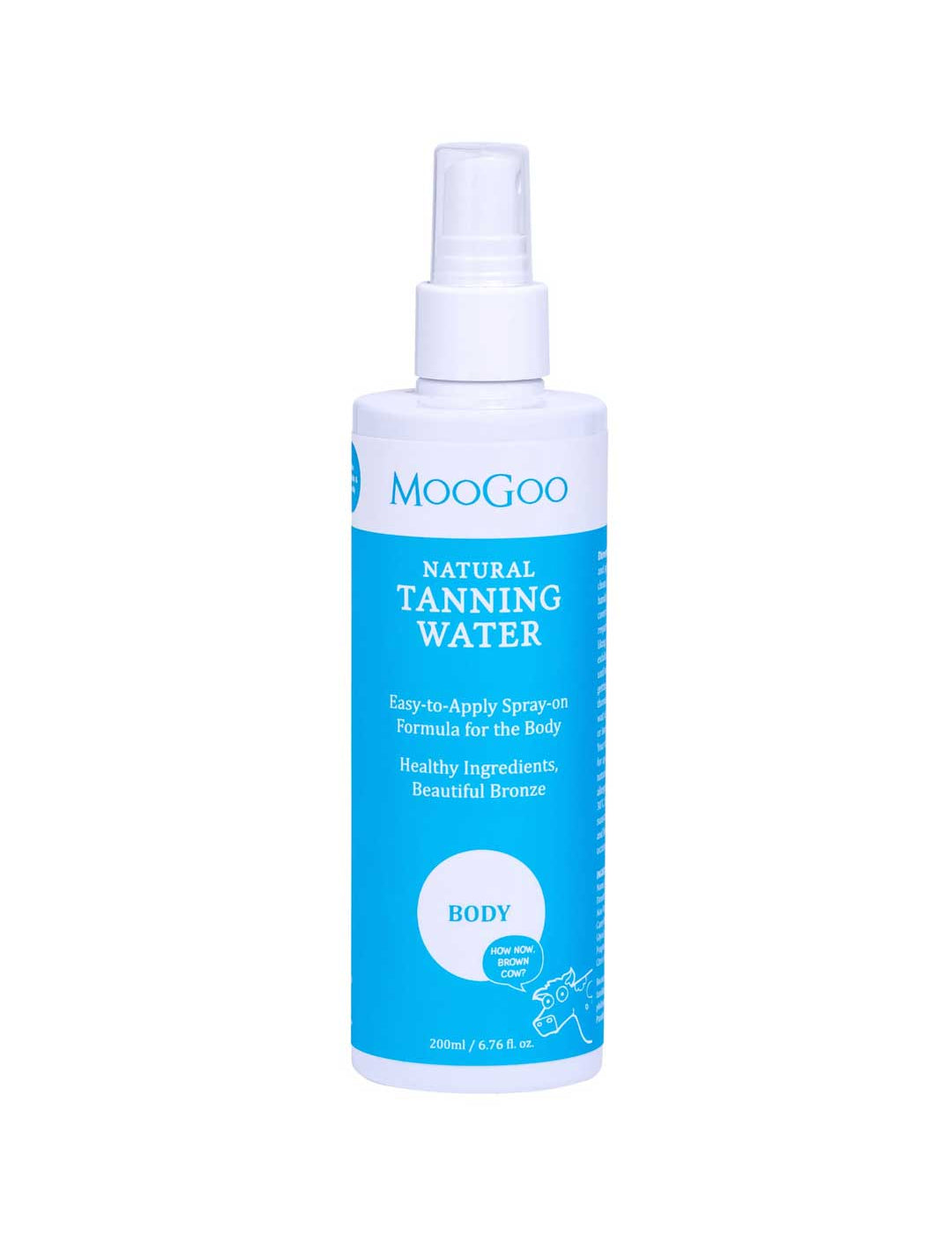 MooGoo Body Tanning Water 200ml is a white spray bottle with a blue label, offering an easy-to-apply self-tanning formula for sensitive skin that delivers a natural-looking tan.