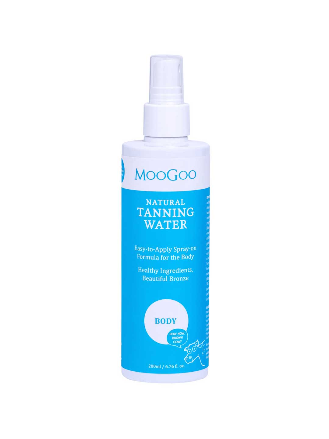 MooGoo Body Tanning Water 200ml is a white spray bottle with a blue label, offering an easy-to-apply self-tanning formula for sensitive skin that delivers a natural-looking tan.