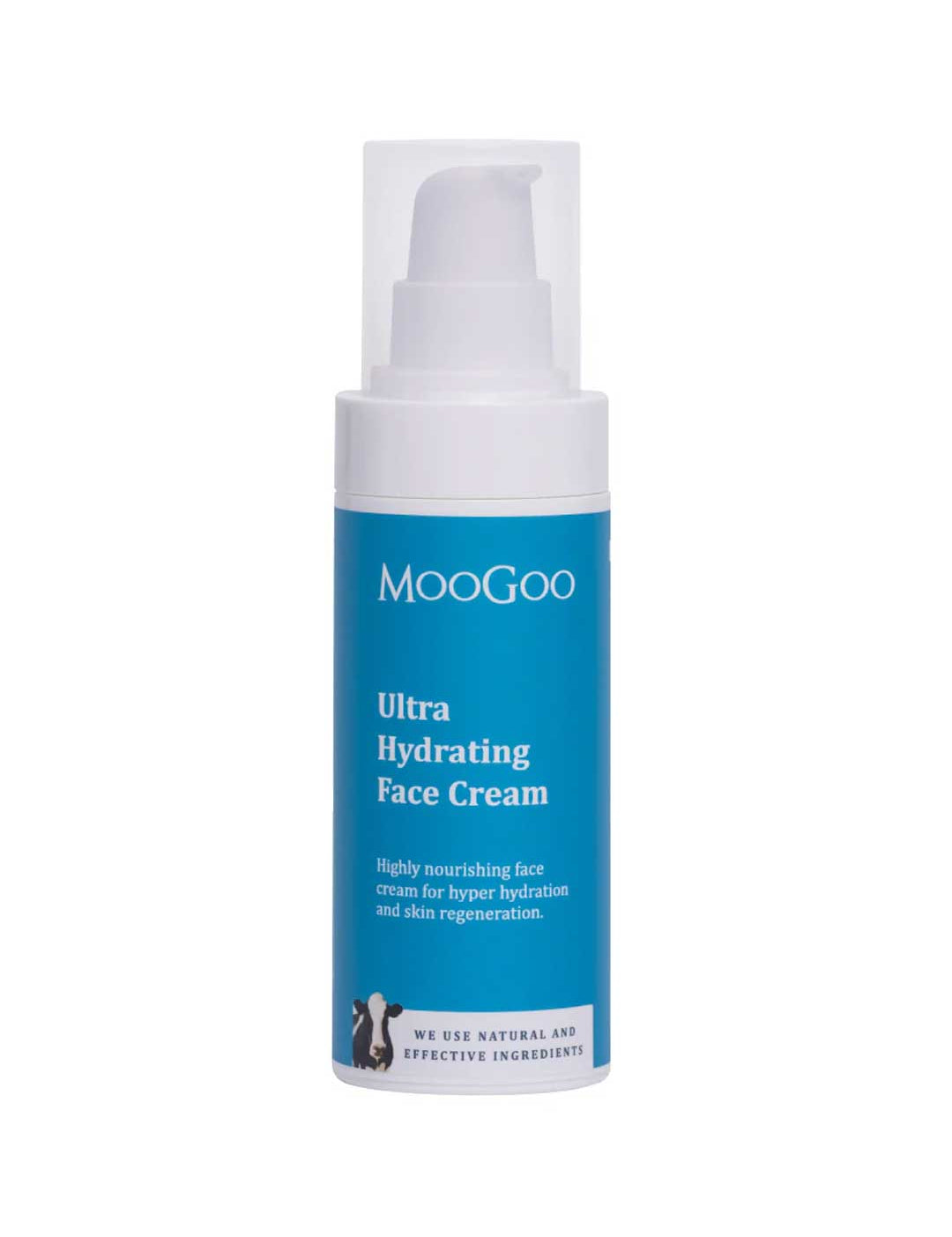 MooGoo Ultra Hydrating Face Cream 75g by MooGoo comes in a blue and white pump bottle, enriched with Hyaluronic Acid and natural ingredients for deep hydration and radiant, nourished skin.
