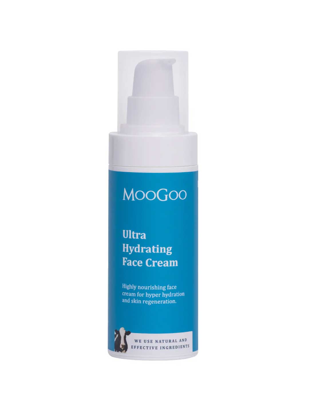 MooGoo Ultra Hydrating Face Cream 75g by MooGoo comes in a blue and white pump bottle, enriched with Hyaluronic Acid and natural ingredients for deep hydration and radiant, nourished skin.