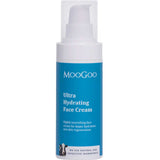 MooGoo Ultra Hydrating Face Cream 75g by MooGoo comes in a blue and white pump bottle, enriched with Hyaluronic Acid and natural ingredients for deep hydration and radiant, nourished skin.