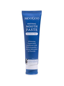 MooGoo natural mouthpaste in a dark blue tube on a white background