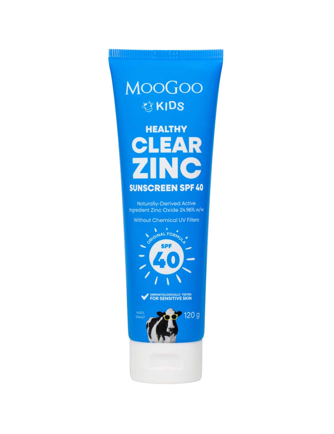MooGoo Kids Healthy Clear Zinc Sunscreen SPF 40 in a blue squeeze tube with a white cap, shown on a plain white background.