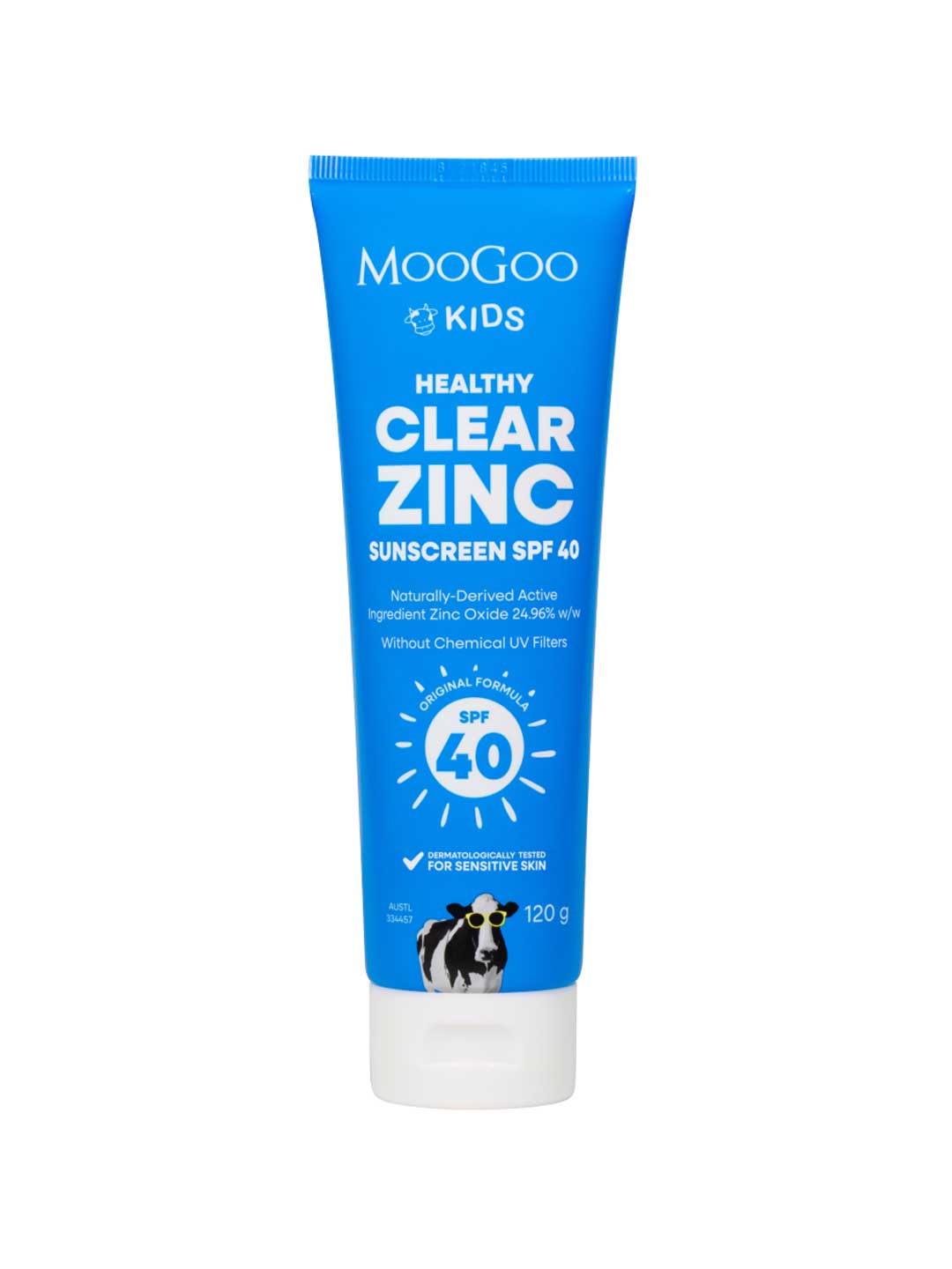 MooGoo Kids Healthy Clear Zinc Sunscreen SPF 40 in a blue squeeze tube with a white cap, shown on a plain white background.