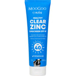MooGoo Kids Healthy Clear Zinc Sunscreen SPF 40 in a blue squeeze tube with a white cap, shown on a plain white background.