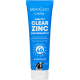 MooGoo Kids Healthy Clear Zinc Sunscreen SPF 40 in a blue squeeze tube with a white cap, shown on a plain white background.