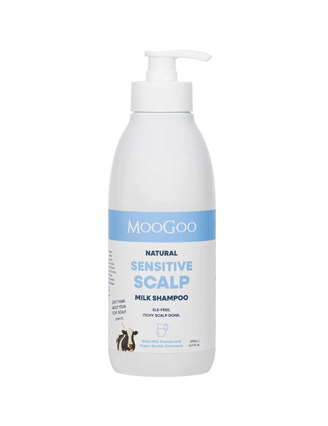 MooGoo sensitive scalp milk shampoo bottle on a white background