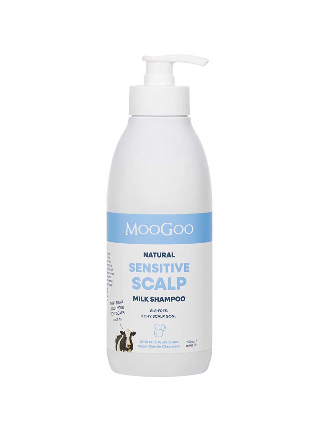 MooGoo sensitive scalp milk shampoo bottle on a white background