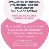 Graphic showing that MooGoo Pink Eczema Cream 120g improved childhood eczema symptoms more than placebo after 2 and 4 weeks, based on a 2009 study (Ronald Januchowsk, The Journal of Alternative and Complementary Medicine).
