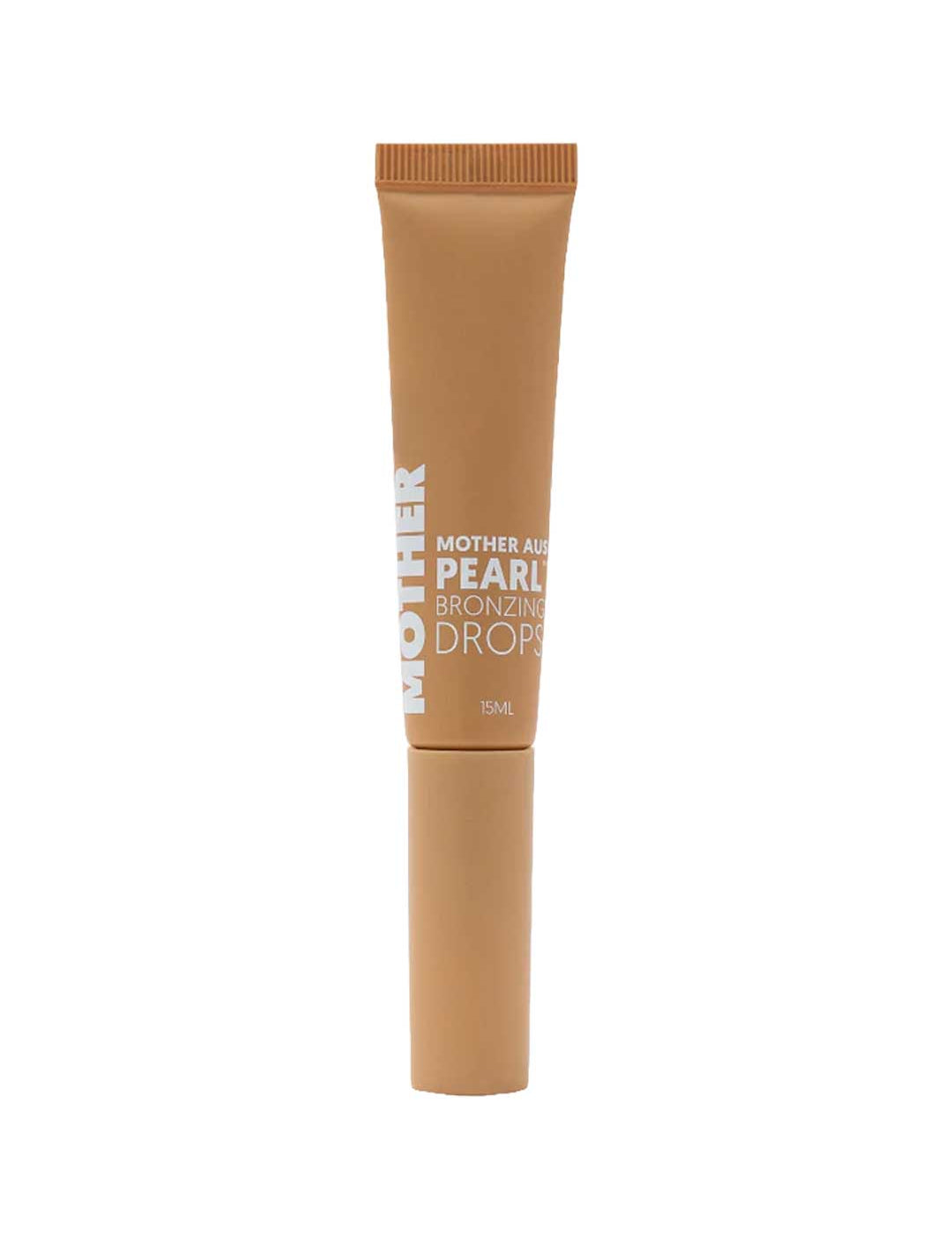 A tan tube labeled MotherSPF Mother of Pearl Bronzing Drops 15g with white text stands upright against a plain white background—an illuminating serum with pearl powder for a radiant glow.