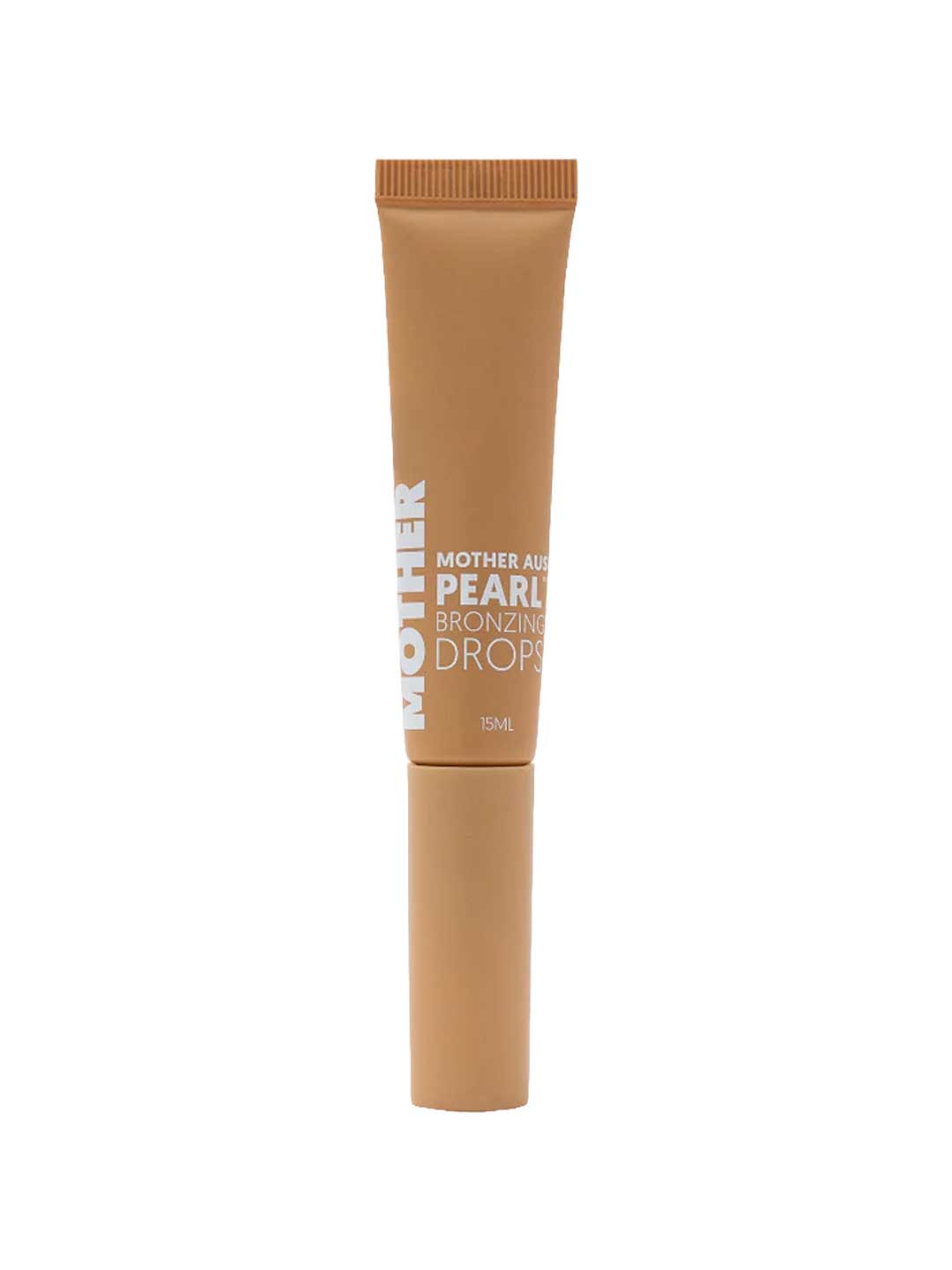 A tan tube labeled MotherSPF Mother of Pearl Bronzing Drops 15g with white text stands upright against a plain white background—an illuminating serum with pearl powder for a radiant glow.