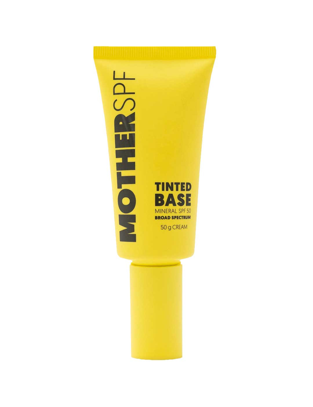 A yellow tube of MotherSPF Tinted Base SPF50 Face Sunscreen 50g stands upright, with the brand name and product details in black.