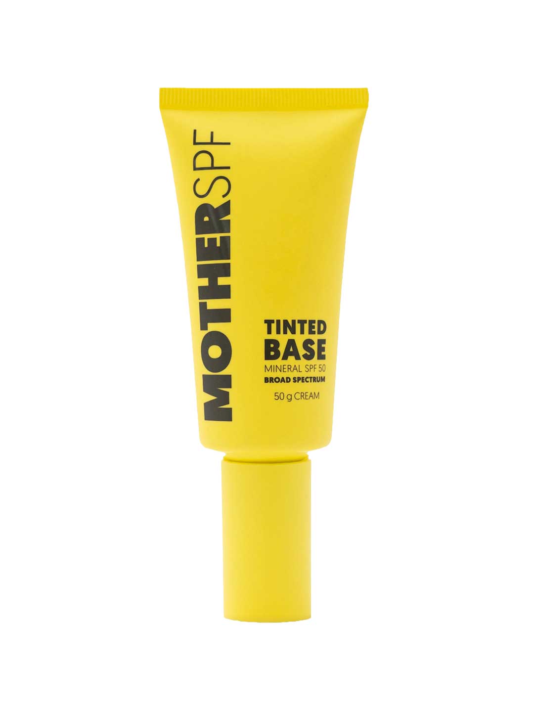 A yellow tube of MotherSPF Tinted Base SPF50 Face Sunscreen 50g stands upright, with the brand name and product details in black.