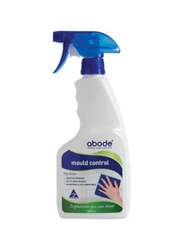 Abode Mould Control Spray 750ml comes in a white bottle with a blue trigger and label, featuring a hand wiping a surface. The label promotes it as a non-toxic mould treatment with “ingredients you can trust.”.