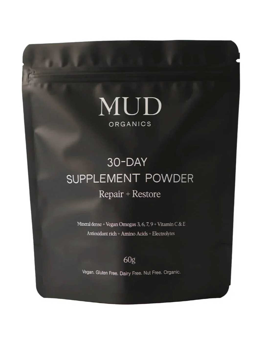 Mud Organics 30-Day Supplement Powder 60g comes in a black resealable pouch. This vegan, gluten-free, organic formula features sea buckthorn, fulvic acid, omegas, vitamins, amino acids, and electrolytes for daily repair and restore.