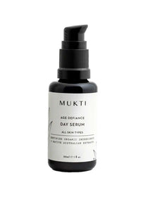 Mukti Age Defiance Day Serum 30ml comes in a sleek black pump bottle and contains certified organic ingredients, native Australian extracts, and peptides to reduce wrinkles. This anti-ageing serum suits all skin types.
