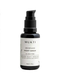 A 30ml black pump bottle of Mukti Age Defiance Night Serum, suitable for all skin types, with certified organic ingredients, native Australian extracts, Niacinamide, and Bakuchiol.