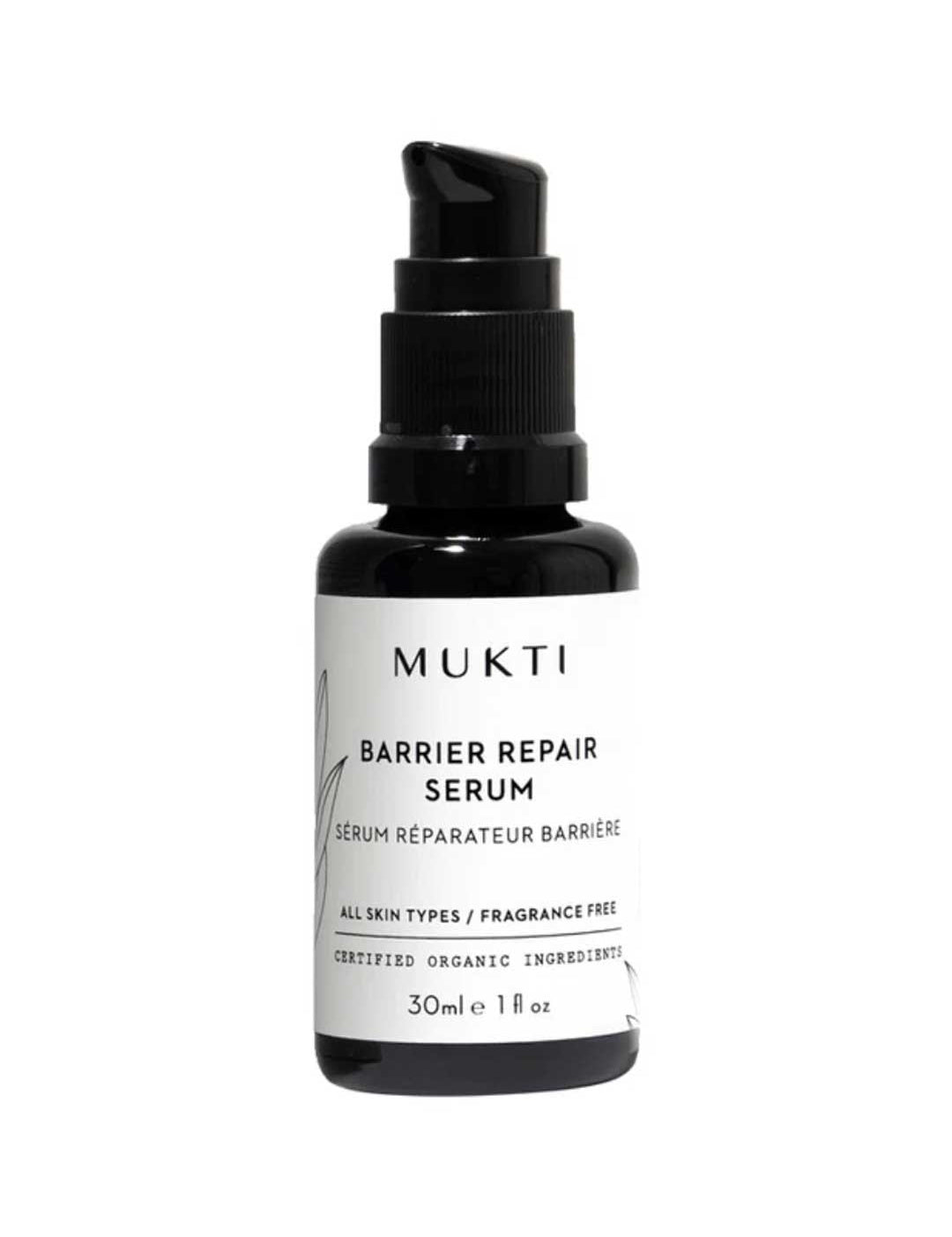 Mukti Barrier Repair Serum 30ml is a soothing, fragrance-free serum in a black pump bottle. Suitable for all skin types, it supports the skin barrier with certified organic ingredients.