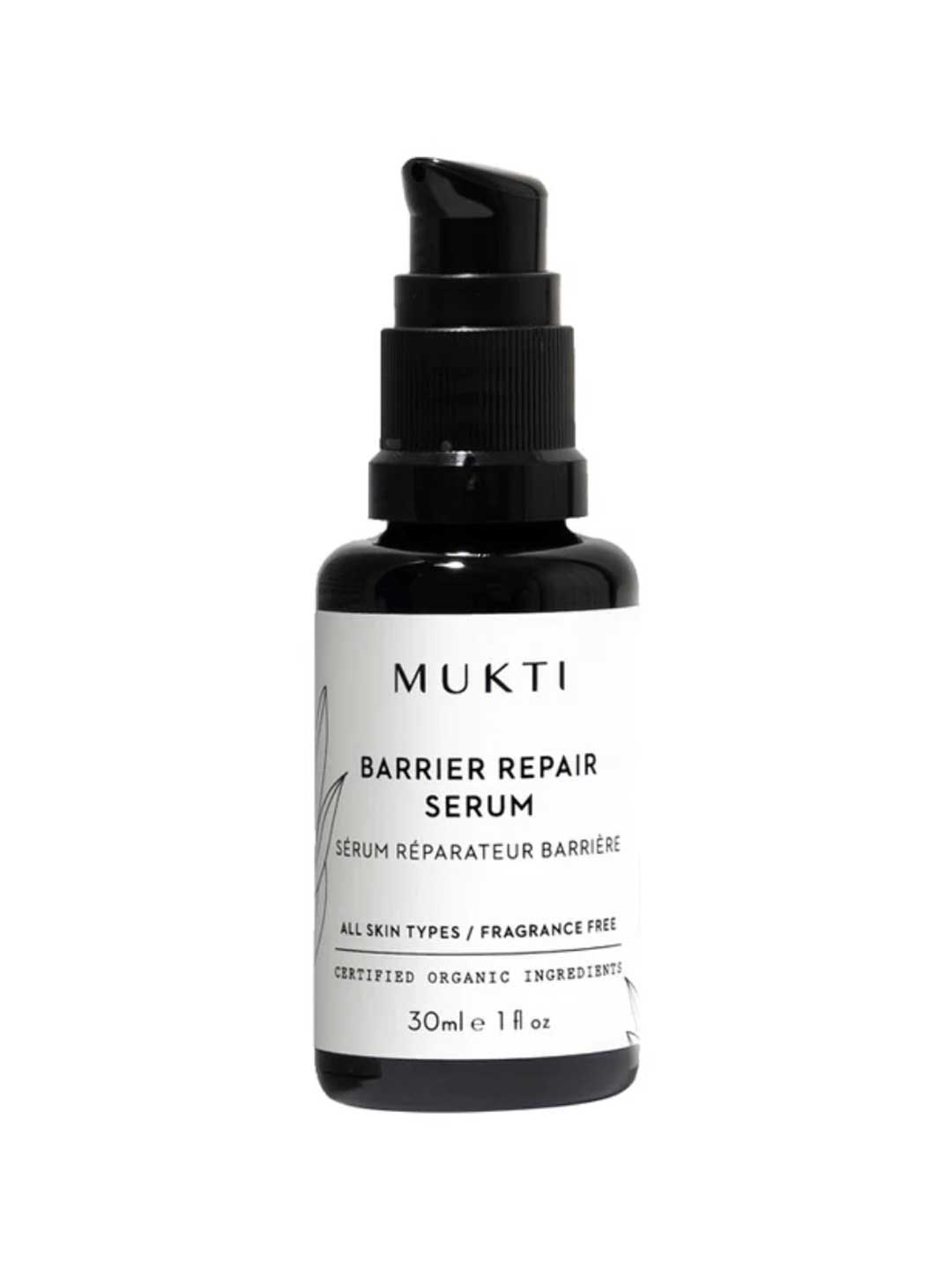 Mukti Barrier Repair Serum 30ml is a soothing, fragrance-free serum in a black pump bottle. Suitable for all skin types, it supports the skin barrier with certified organic ingredients.