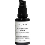 Mukti Barrier Repair Serum 30ml is a soothing, fragrance-free serum in a black pump bottle. Suitable for all skin types, it supports the skin barrier with certified organic ingredients.