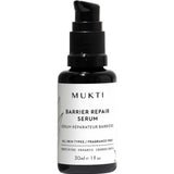 Mukti Barrier Repair Serum 30ml is a soothing, fragrance-free serum in a black pump bottle. Suitable for all skin types, it supports the skin barrier with certified organic ingredients.