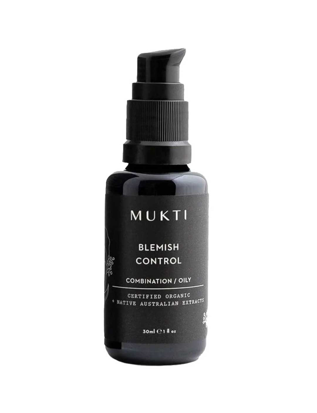 A black pump bottle labeled Mukti Organics Blemish Control Acne Spot Treatment for combination or oily skin, featuring certified organic native Australian extracts. This natural acne treatment offers 15ml of effective organic blemish control.