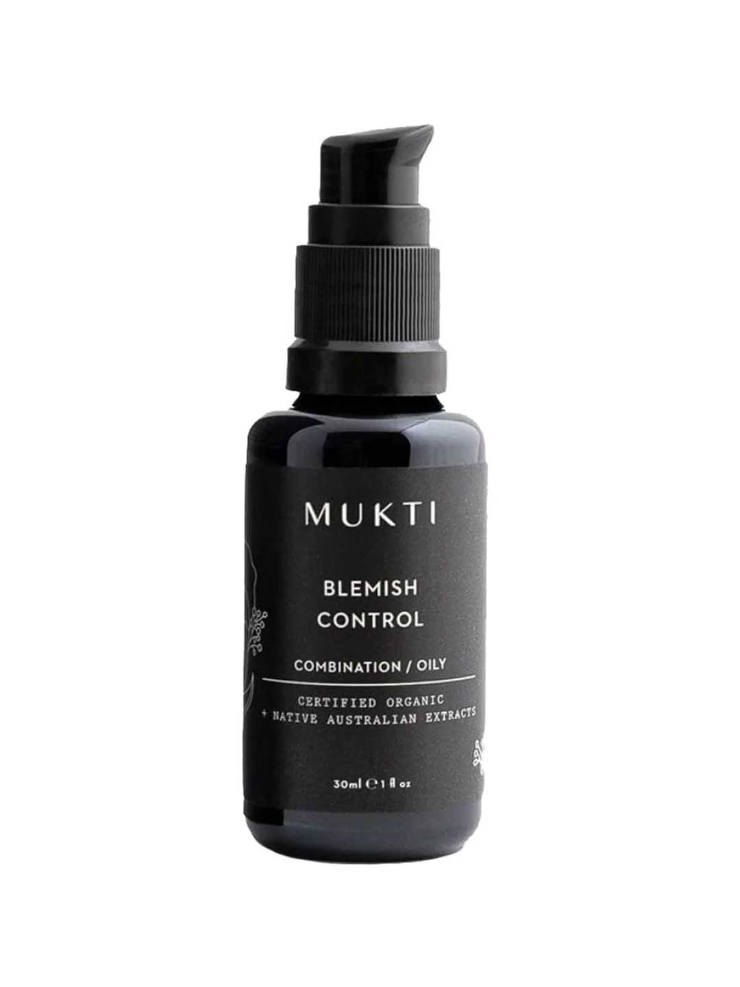 A black pump bottle labeled Mukti Organics Blemish Control Acne Spot Treatment for combination or oily skin, featuring certified organic native Australian extracts. This natural acne treatment offers 15ml of effective organic blemish control.