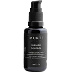 A black pump bottle labeled Mukti Organics Blemish Control Acne Spot Treatment for combination or oily skin, featuring certified organic native Australian extracts. This natural acne treatment offers 15ml of effective organic blemish control.