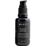 A black pump bottle labeled Mukti Organics Blemish Control Acne Spot Treatment for combination or oily skin, featuring certified organic native Australian extracts. This natural acne treatment offers 15ml of effective organic blemish control.