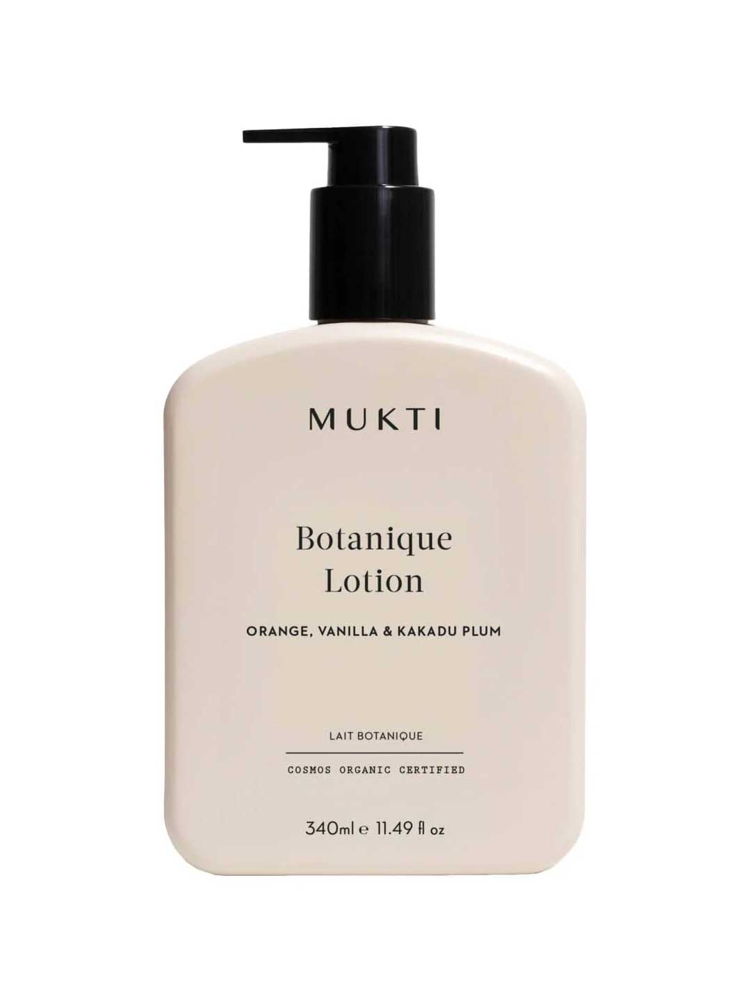 A 340ml bottle of Mukti Botanique Body Lotion with a black pump dispenser, labelled Orange, Vanilla & Kakadu Plum. Features Australian botanicals and is COSMOS Organic Certified.