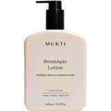 A 340ml bottle of Mukti Botanique Body Lotion with a black pump dispenser, labelled Orange, Vanilla & Kakadu Plum. Features Australian botanicals and is COSMOS Organic Certified.