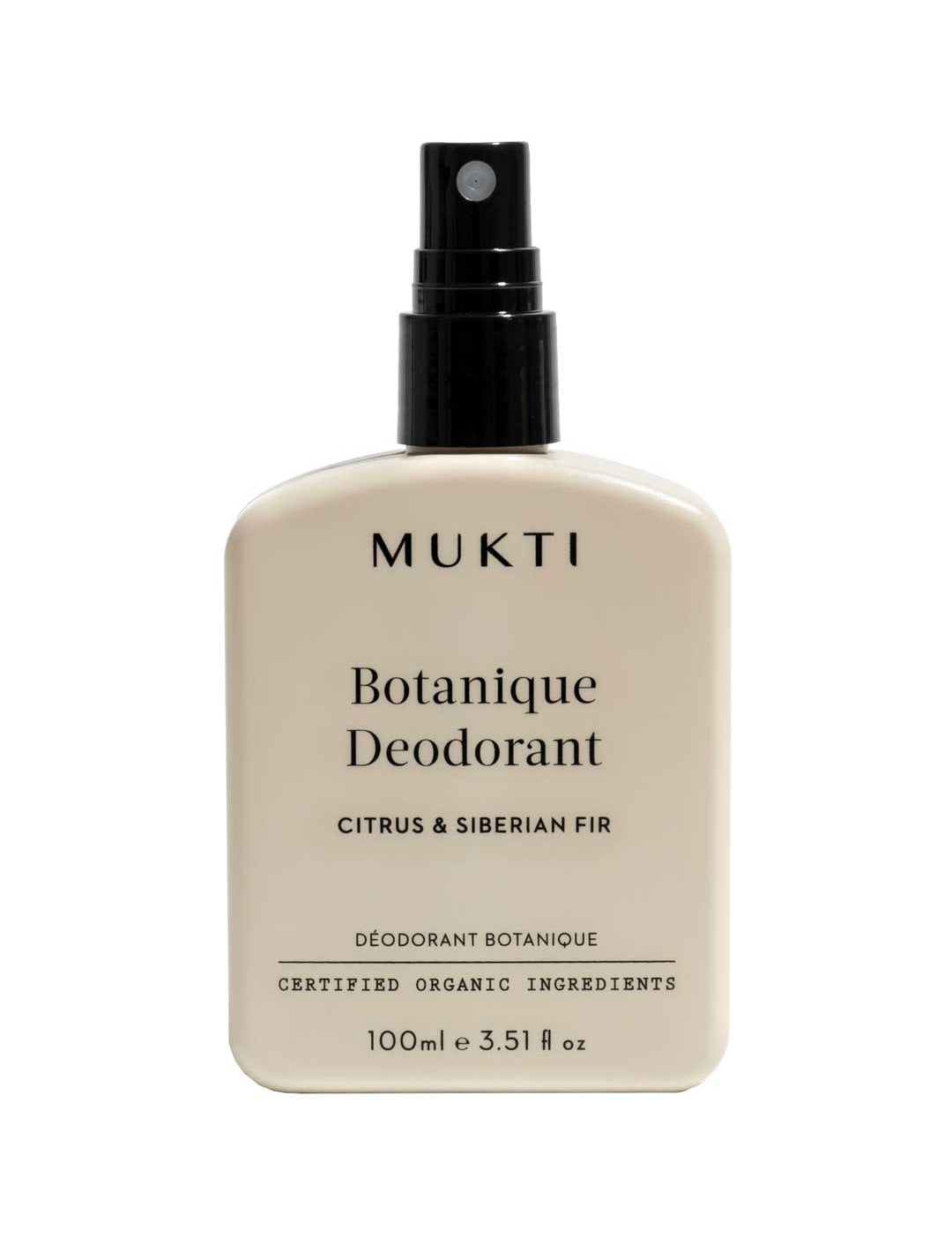 Mukti Botanique Deodorant Spray Citrus & Siberian Fir bottle on a white background