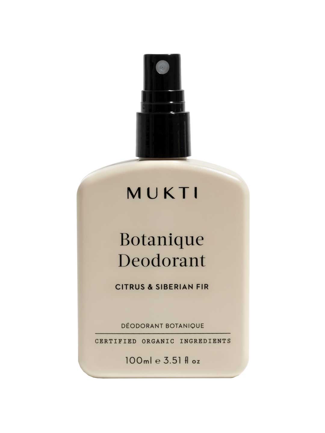 Mukti Botanique Deodorant Spray Citrus & Siberian Fir bottle on a white background