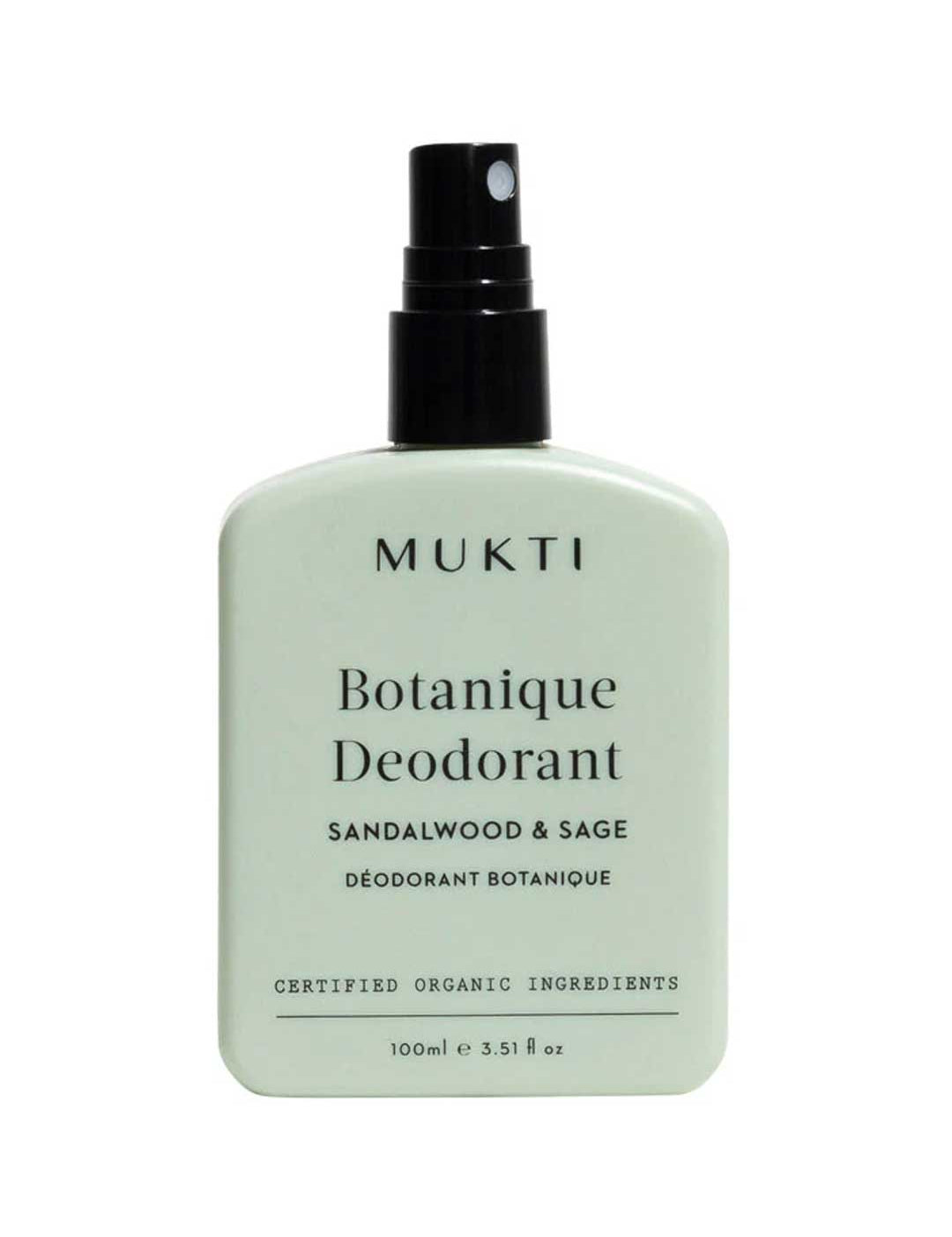 Mukti Botanique Deodorant bottle with sandalwood and sage scent on a white background