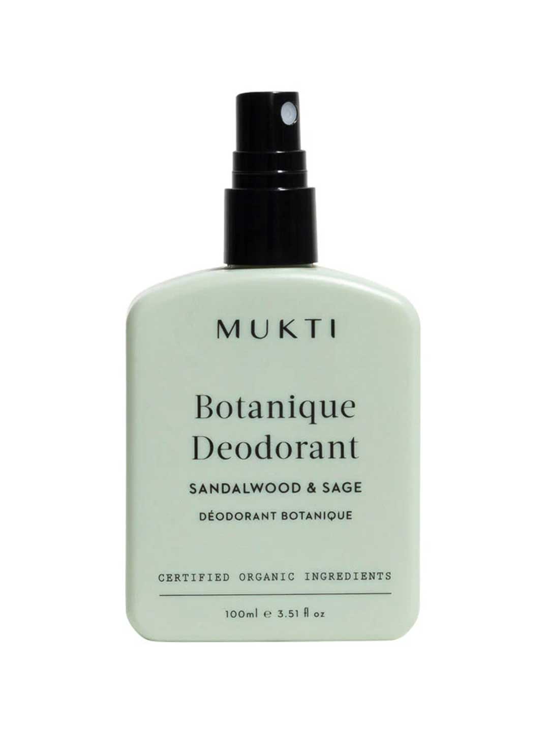 Mukti Botanique Deodorant bottle with sandalwood and sage scent on a white background