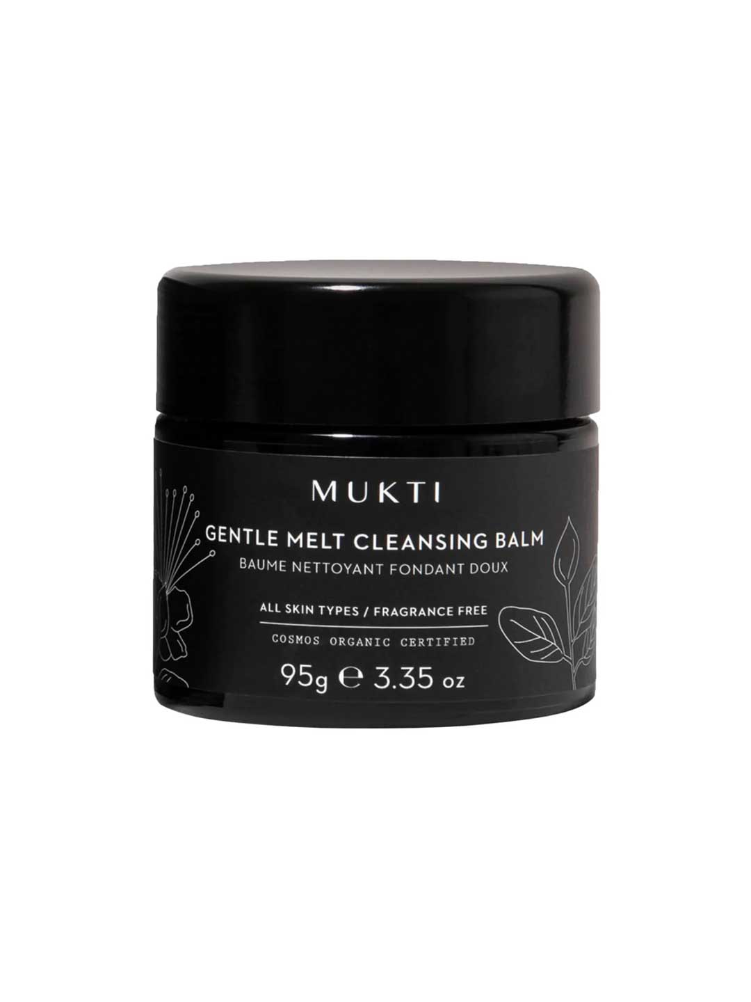 A black jar of Mukti Gentle Melt Cleansing Balm 95g features floral illustrations, is fragrance-free, Cosmos Organic certified, suitable for all skin types, and serves as an organic cleanser.